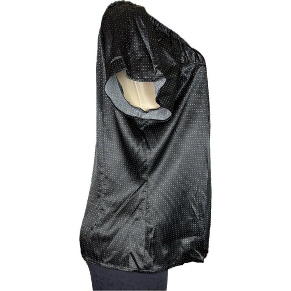 Apt 9 L Black Satin White Dot Print Scoop Neck Button Accent Short Sleeve Blouse - Picture 3 of 6